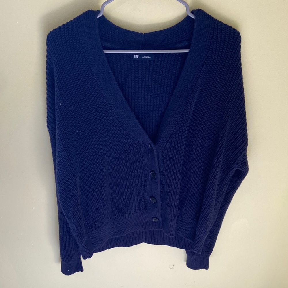 GAP Navy Ribbed V-Neck Button-Front Cardigan - image 1